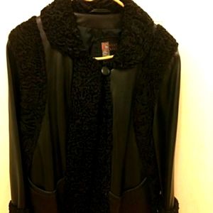 Black lamb fur trim lambskin leather coat L